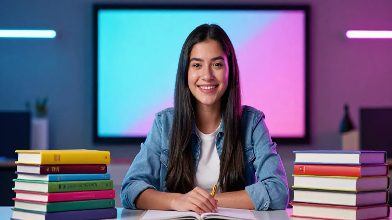 Estudiante mexicana sonriente en aula moderna y vibrante