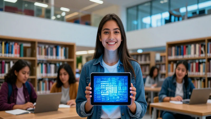 Estudiante mexicano exitoso con tablet en campus moderno