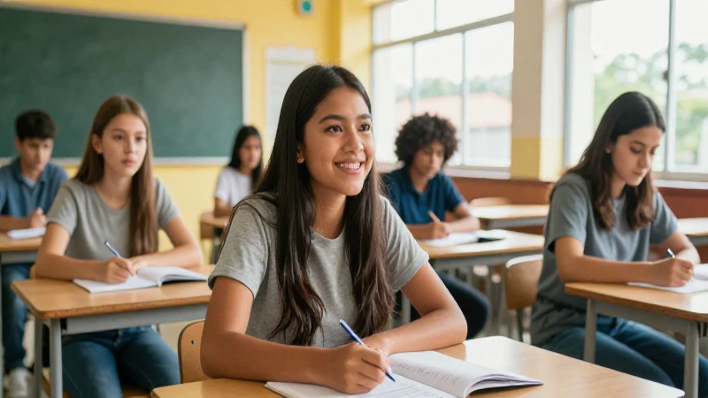 Joven mexicana entusiasta en aula moderna