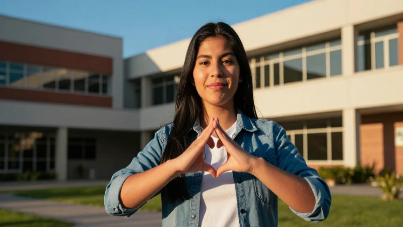 Estudiante mexicano de señas en campus moderno