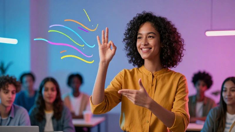 Joven atractiva en ASL con energía dinámica