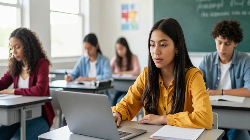 Joven mexicano estudia con entusiasmo en un aula moderna