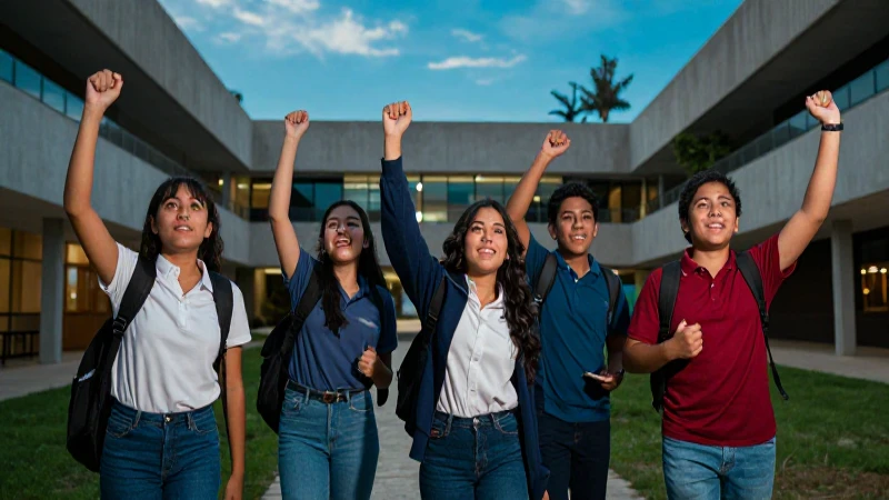 Estudiantes mexicanos celebrando éxito universitario moderno