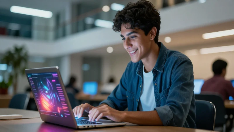 Joven estudiante mexicano interactúa con una laptop brillante
