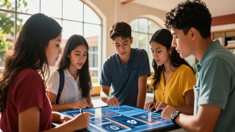 Jóvenes mexicanos colaborando en campus moderno