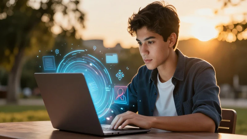 Joven mexicano estudia con laptop moderna