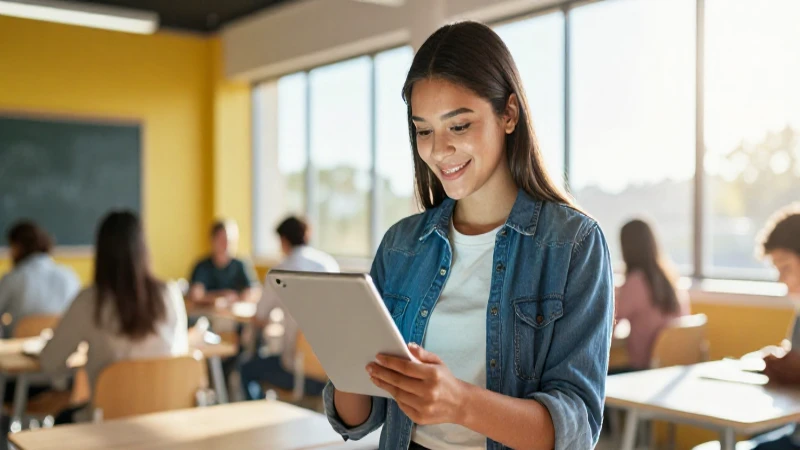 Estudiante mexicano sonríe con tablet en entorno moderno