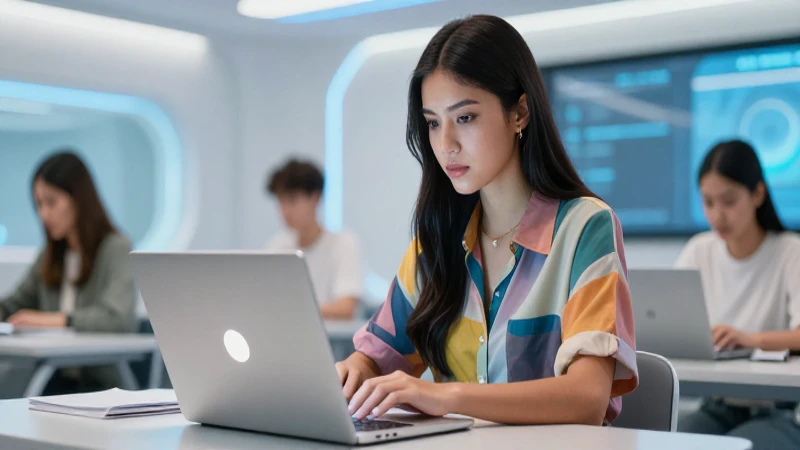 Mujer mexicana concentrada en laptop futurista