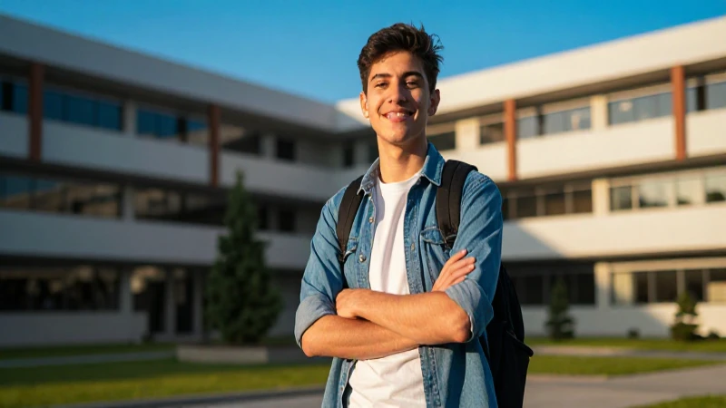 Estudiante mexicano sonríe en campus moderno y vibrante