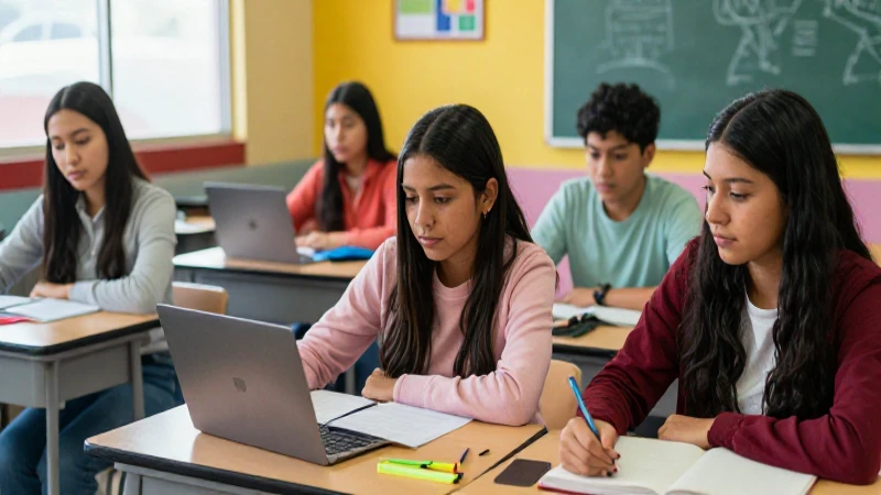 Estudiantes mexicanos colaborando en un aula moderna y vibrante