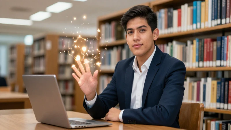 Estudiante mexicano confiado en biblioteca moderna