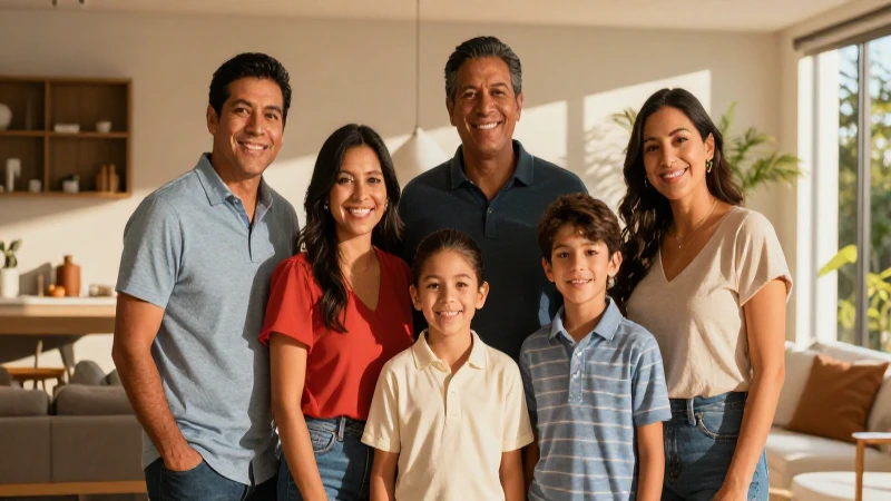 Familia mexicana diversa en hogar aspiracional