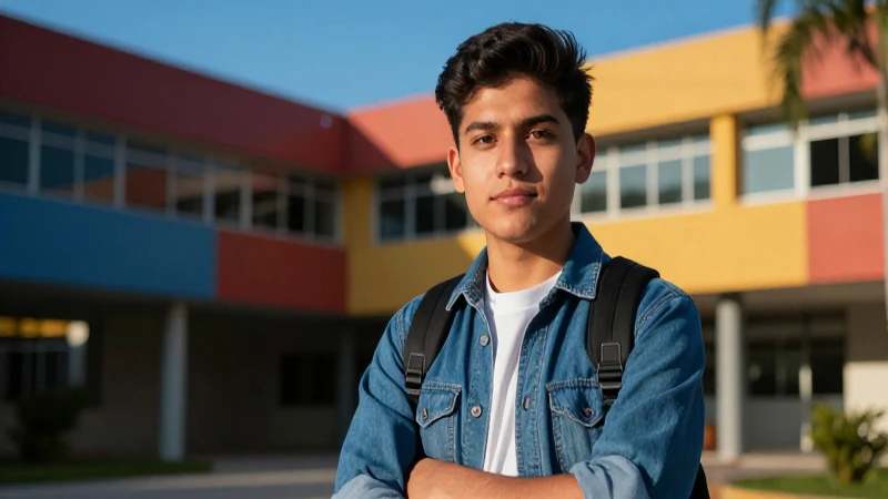 Estudiante mexicano moderno en campus con iluminación dramática