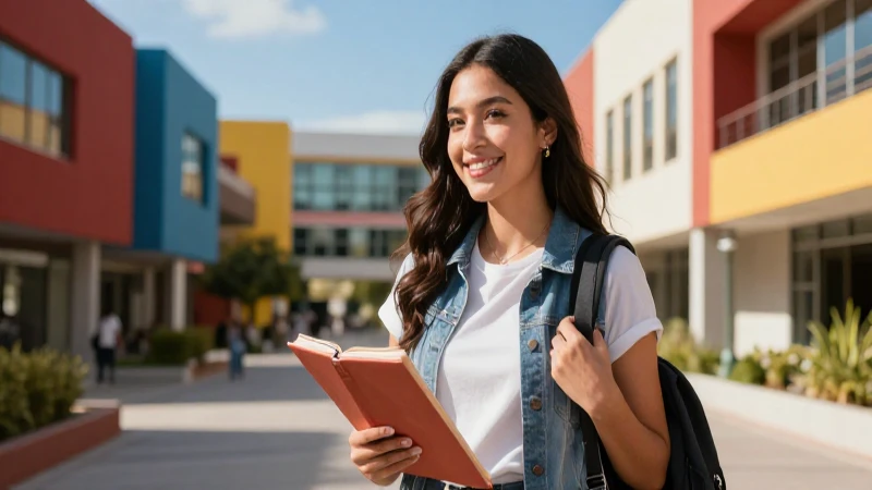 Estudiante mexicano exitoso en campus moderno
