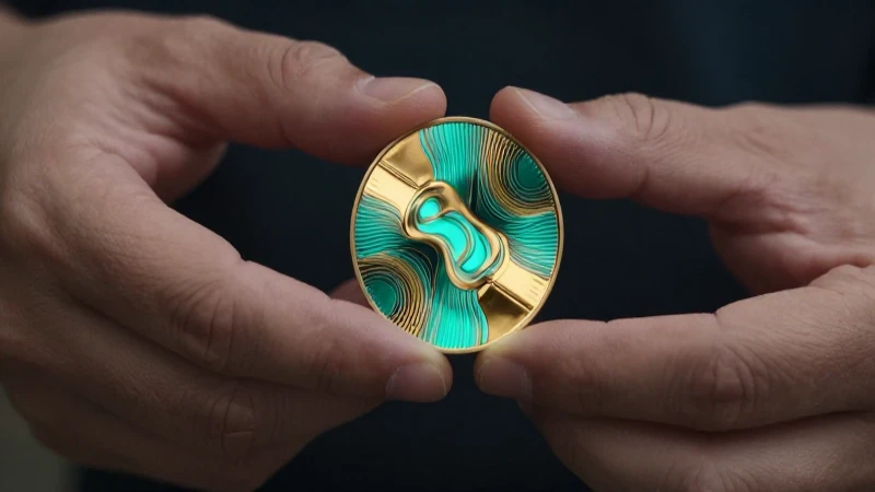 Manos sostienen moneda abstracta dorada