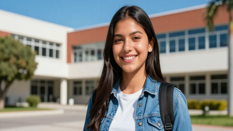 Estudiante mexicano sonriendo en campus vibrante