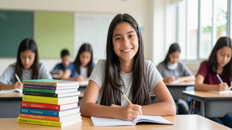 Joven mexicana sonríendo en aula universitaria luminosa