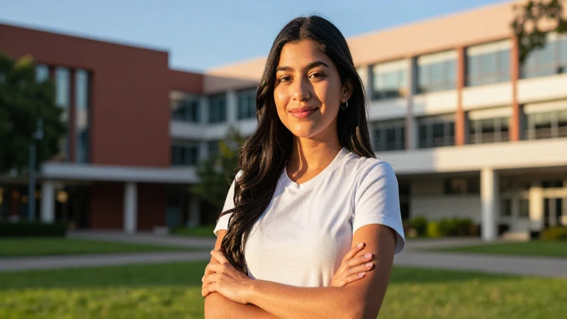 Joven estudiante mexicana sonriente en campus moderno