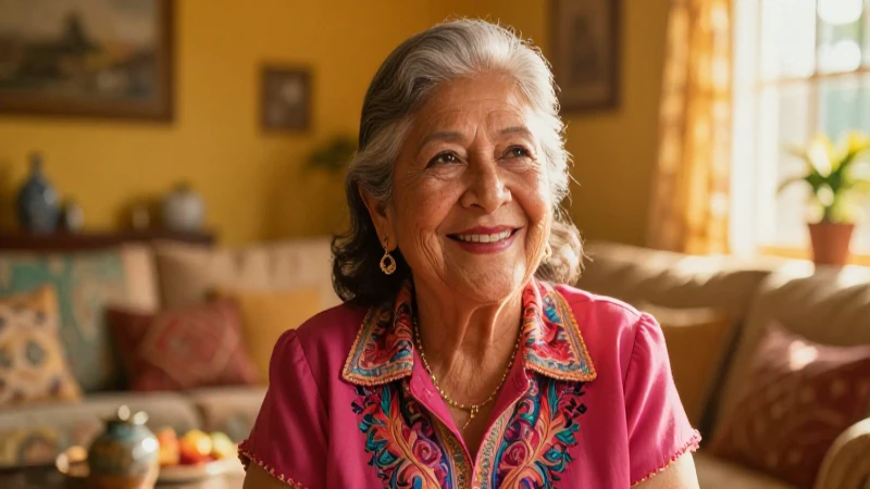 Abuela mexicana sonriente en acogedor hogar