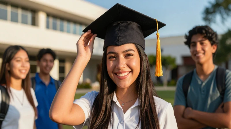 Estudiante sonriente sostiene birrete en campus