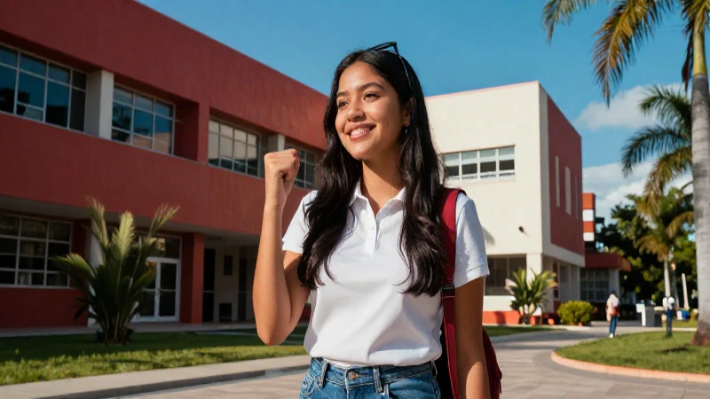 Estudiante mexicano exitoso en campus moderno