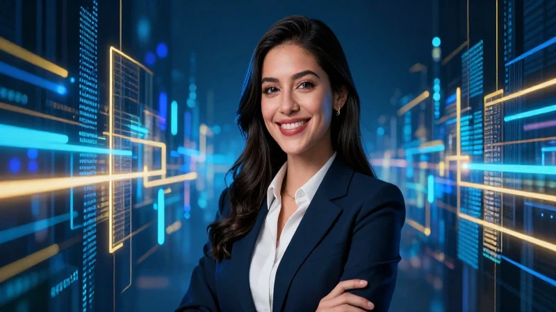 Mujer mexicana profesional con data digital vibrante