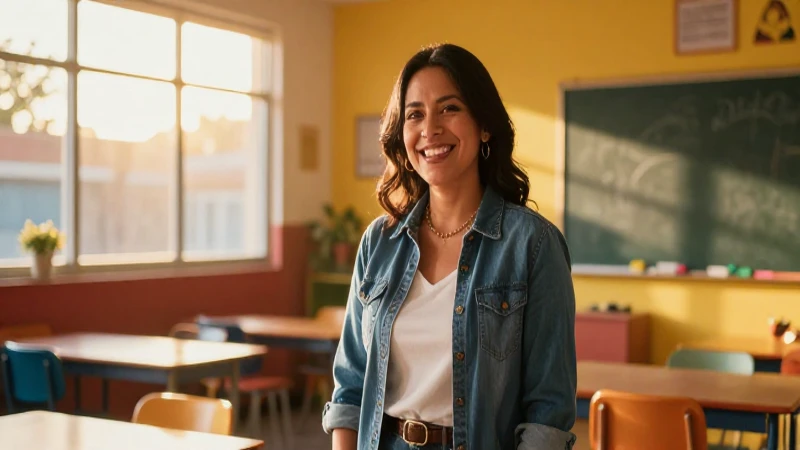 Maestra alegre en aula moderna y colorida