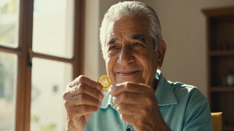 Anciano mexicano sonriente sostiene moneda dorada
