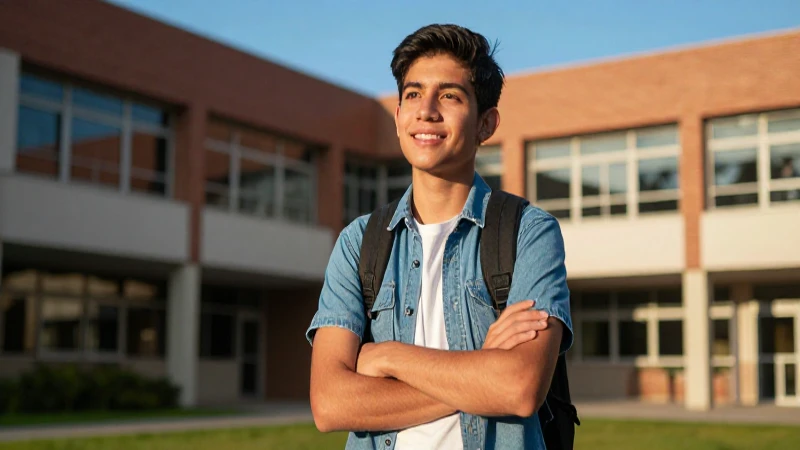 Joven mexicano confiado en campus universitario vibrante