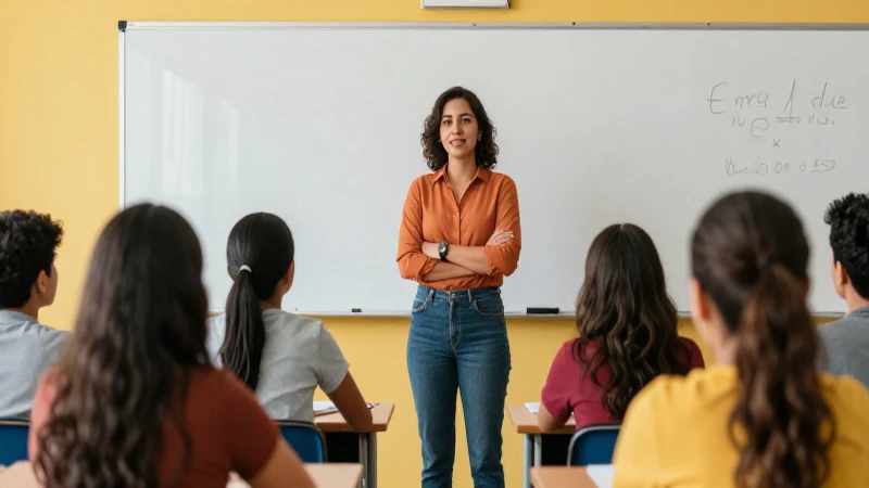 Maestra mexicana confiada en aula moderna vibrante