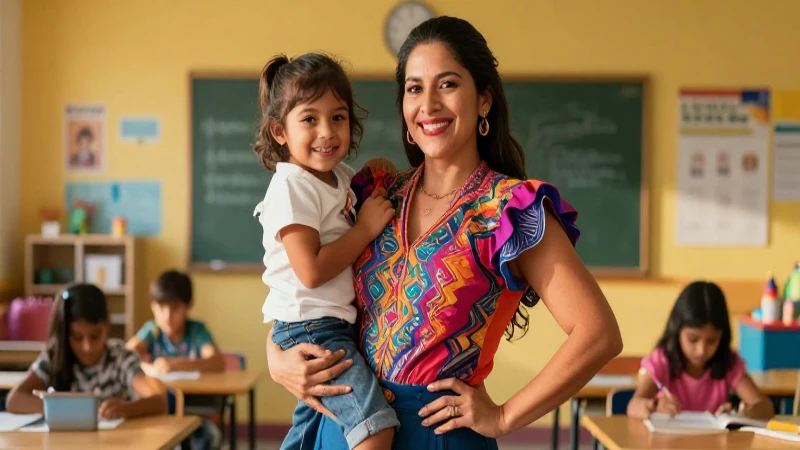 Madre mexicana sonriente con su hijo en el aula