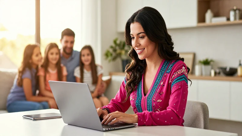 Madre mexicana elegante trabaja con su laptop