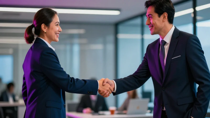 Dos profesionales mexicanos estrechan la mano en una oficina moderna
