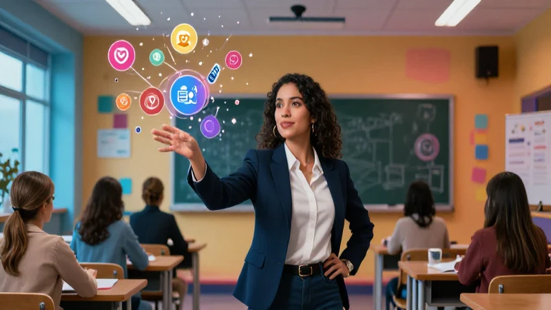 Educadora joven y dinámica con símbolos de conocimiento