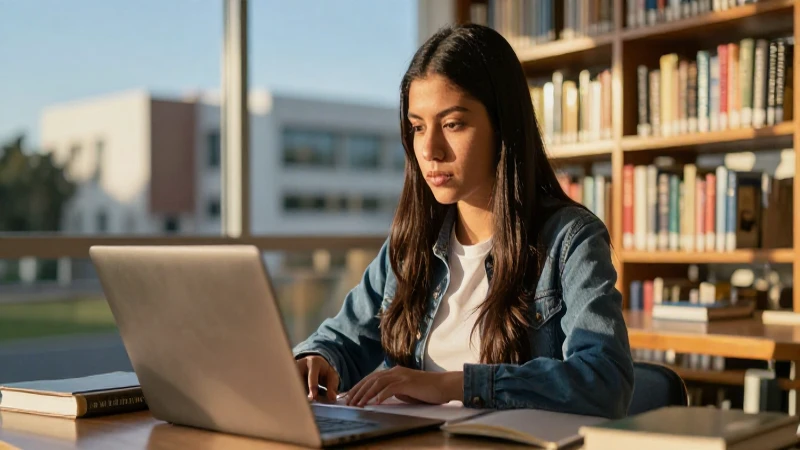 Joven estudiante mexicana estudia en la biblioteca