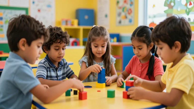 Niños mexicanos jugando felices con bloques de colores