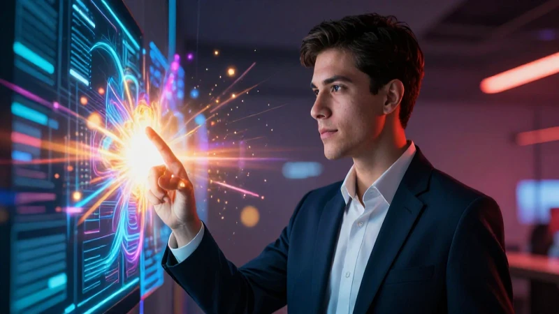 Profesional mexicano con interfaz digital vibrante