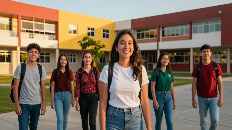 Estudiantes mexicanos sonriendo en campus dorado