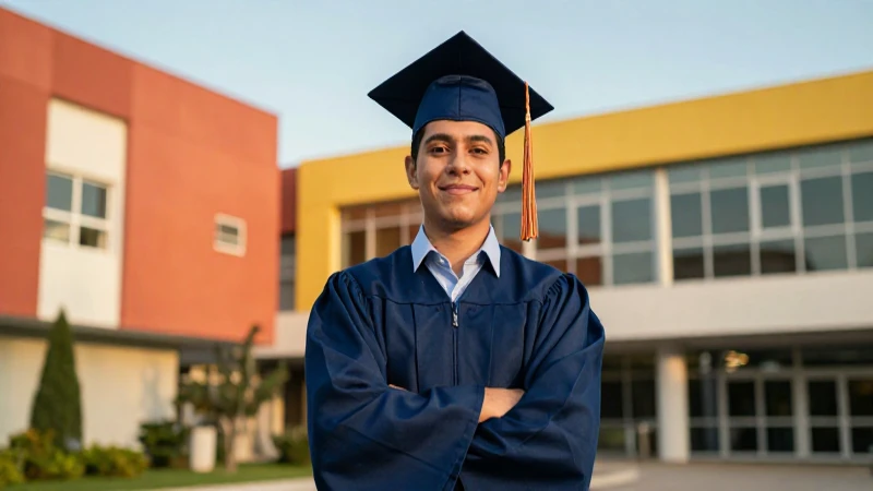 Joven mexicano exitoso en campus universitario moderno