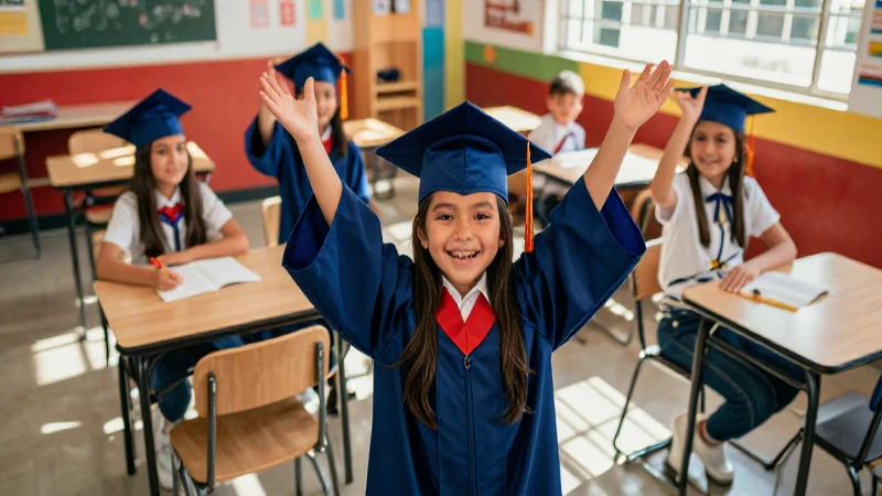 Niños mexicanos alegres graduándose en aula vibrante