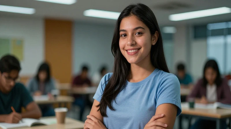 Joven mexicano sonriente en entorno académico moderno