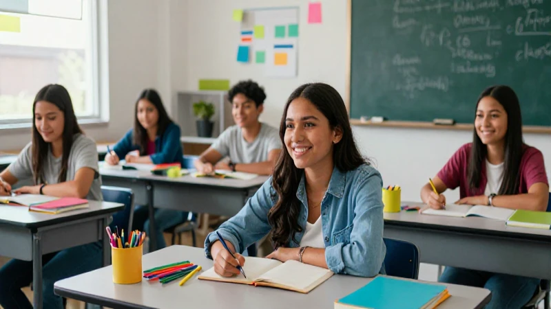 Estudiantes mexicanos felices en aula moderna y vibrante
