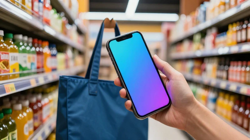 Compradora moderna con móvil en supermercado vibrante