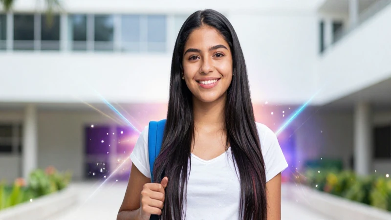Estudiante mexicana radiante en campus moderno