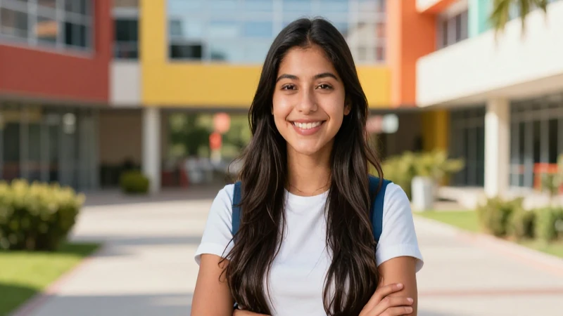 Estudiante mexicano sonríe en campus moderno