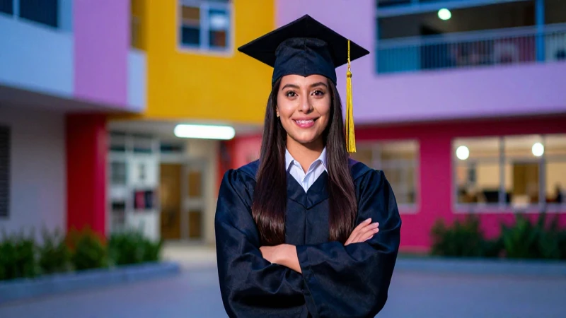 Joven graduado mexicano en campus vibrante