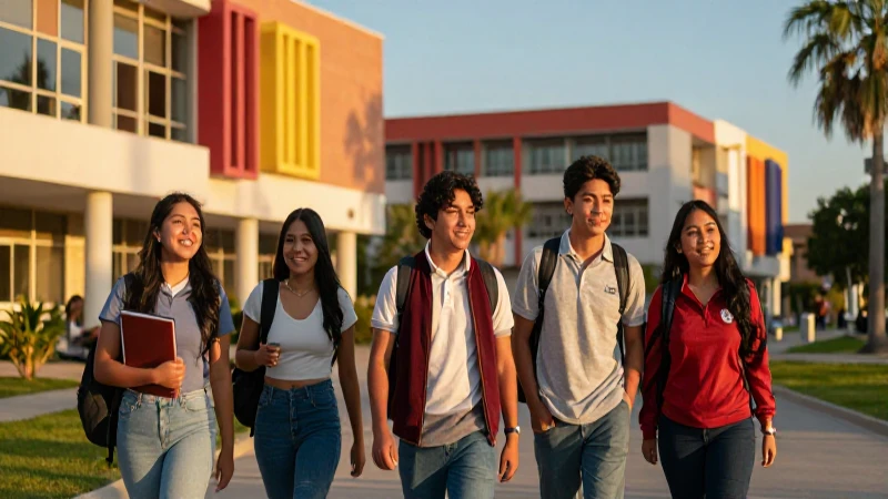 Estudiantes en un campus moderno al atardecer