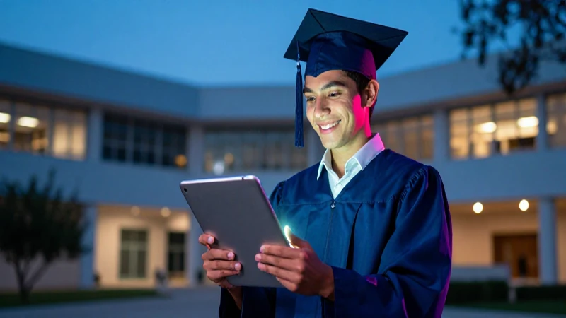 Joven mexicano con tableta brillante en campus moderno