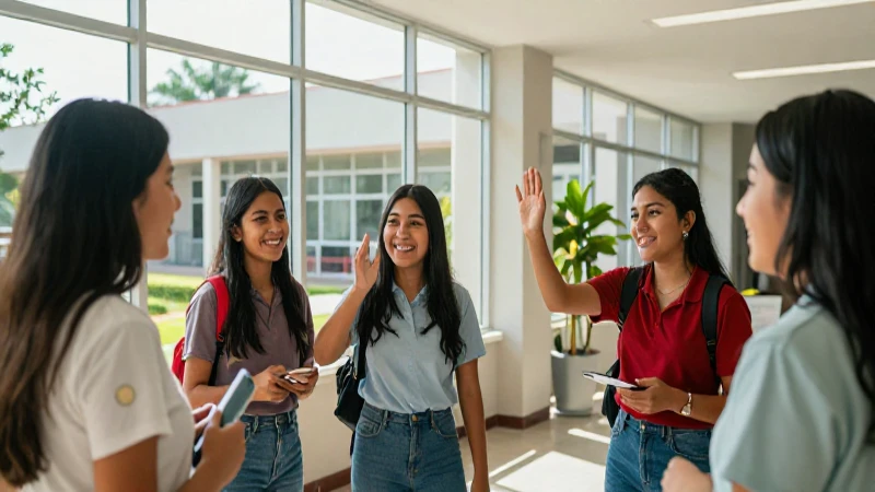 Jóvenes mexicanos celebrando en campus moderno