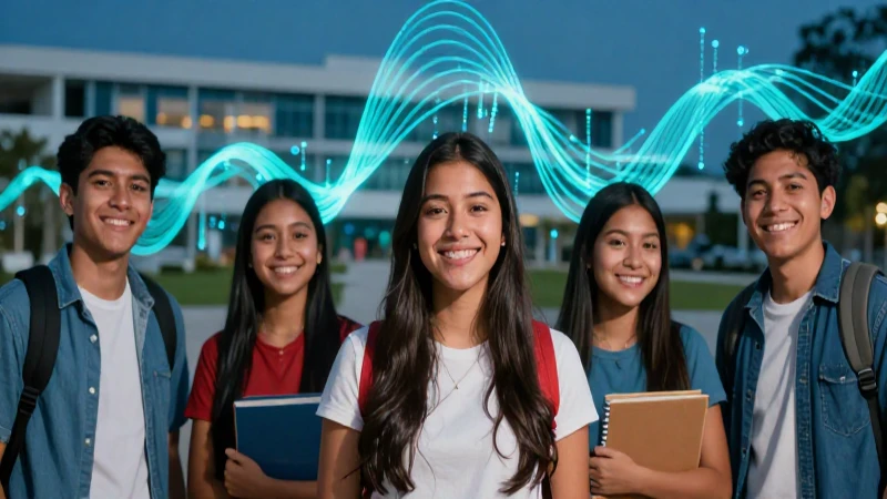 Estudiantes mexicanos sonriendo en campus moderno con datos brillantes